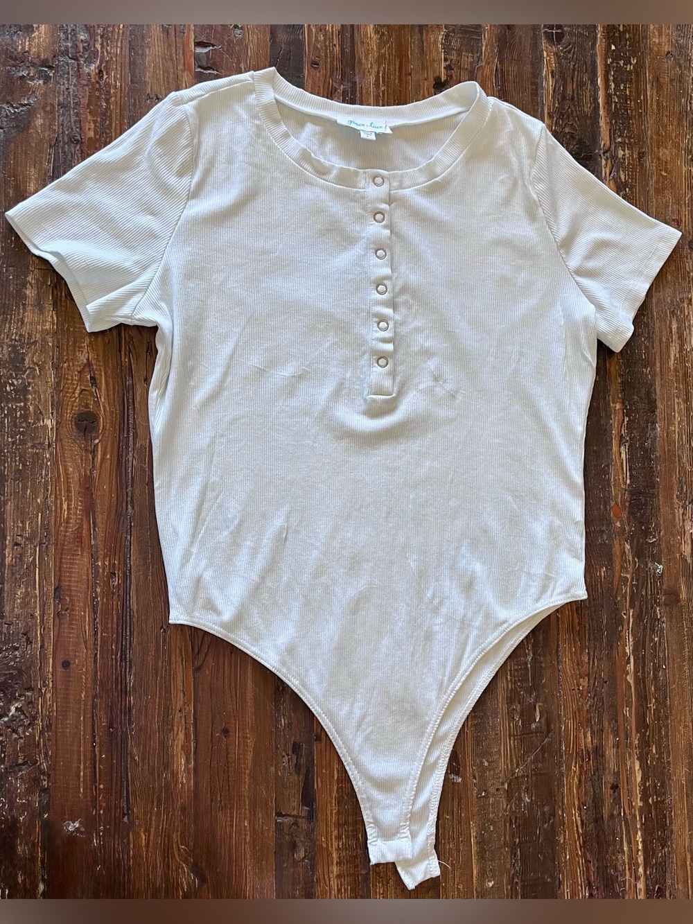 Grace & Lace White Ribbed Short-Sleeve Henley Bodysuit Sz L